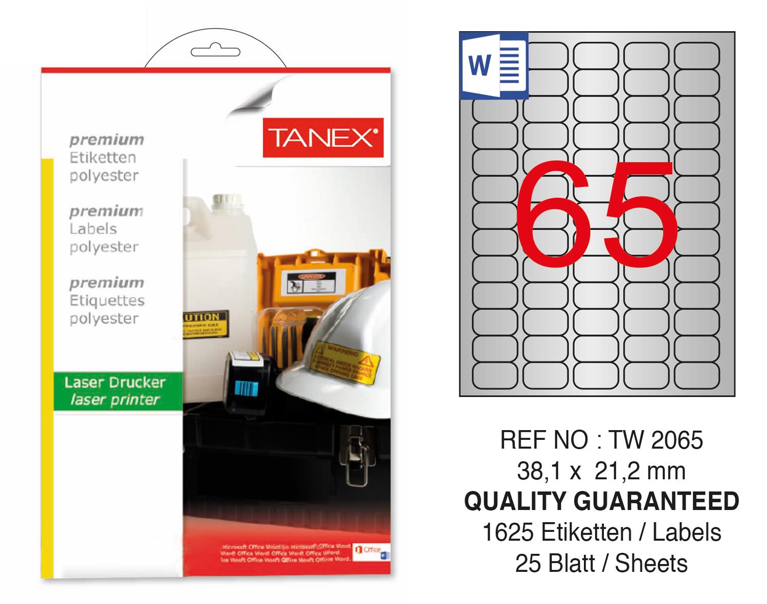 Tanex TW-2065 38.1x21.2mm Gümüş Lazer Etiket 1625 Li