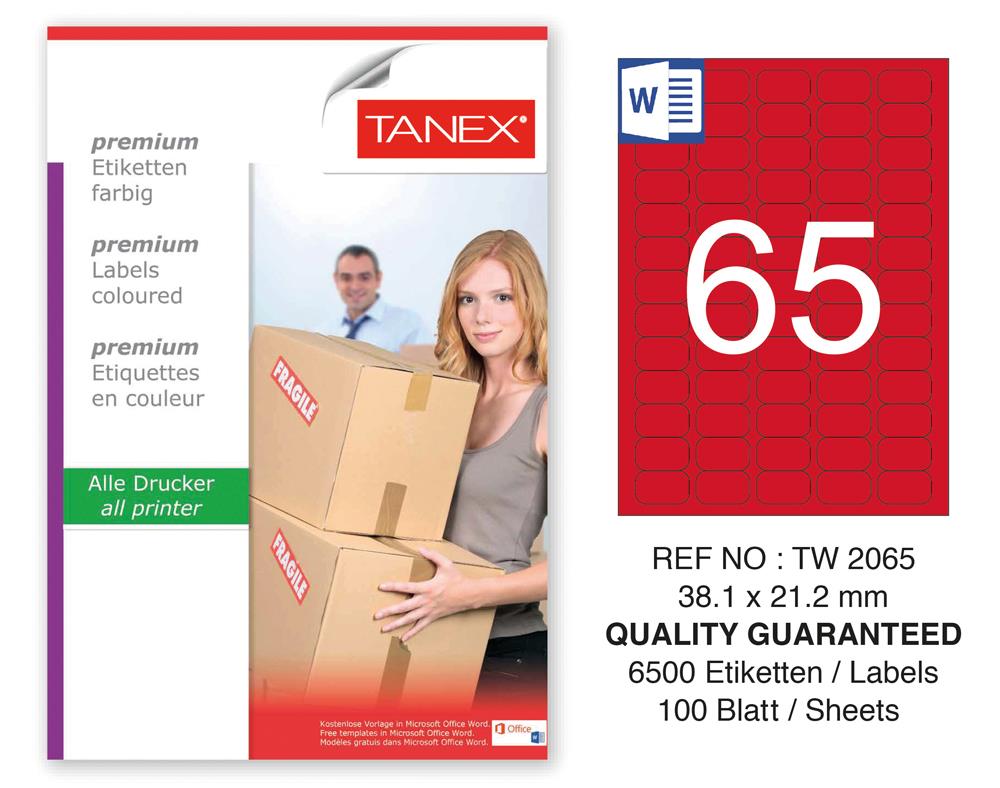 Tanex TW-2065 38,1x21,2mm Kırmızı Pastel Laser Etiket 100 Lü