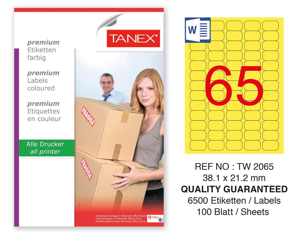 Tanex TW-2065 38,1x21,2mm Sarı Pastel Laser Etiket 100 Lü Paket