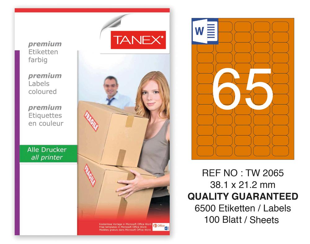 Tanex TW-2065 38,1x21,2mm Turuncu Pastel Laser Etiket 100 Lü