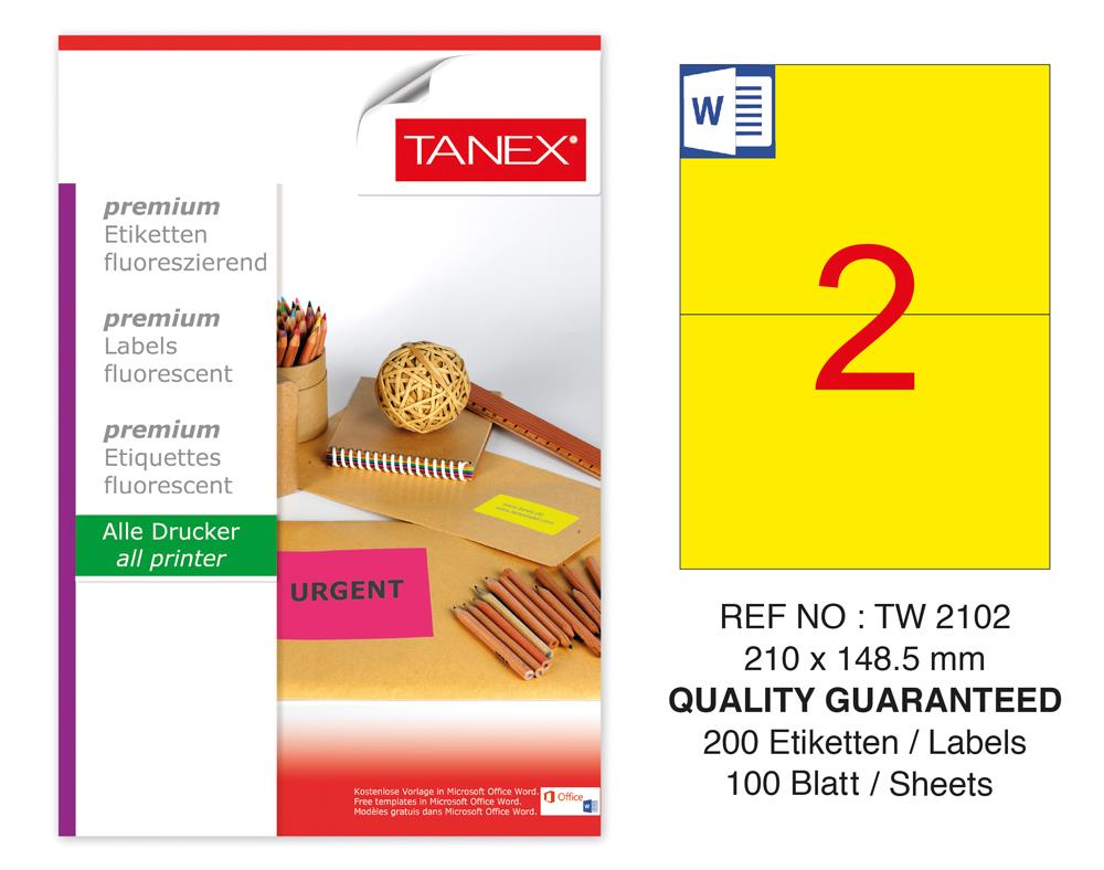 Tanex TW-2102 210x148,5 mm Sarı Floresan Laser Etiket 100 Lü