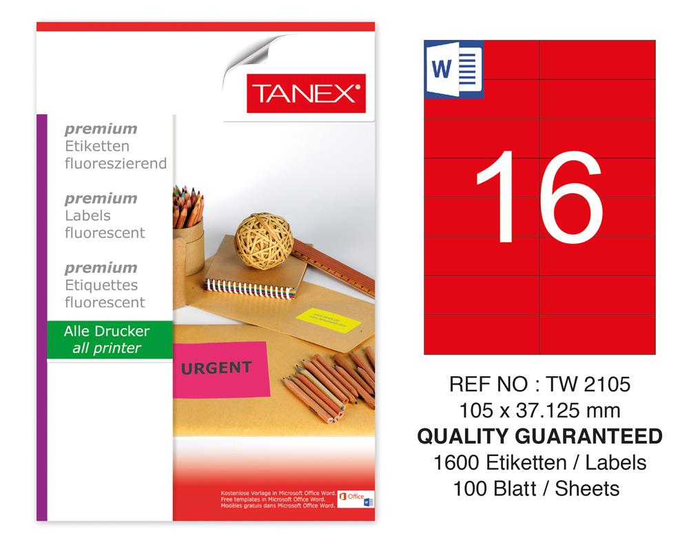 Tanex TW-2105 105x37,125 mm Kırmızı Floresan Laser Etiket 100 Lü