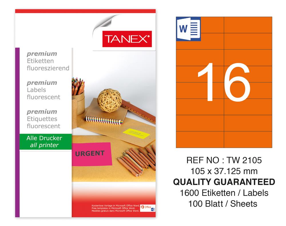 Tanex TW-2105 105x37,125 mm Turuncu Floresan Laser Etiket 100 Lü