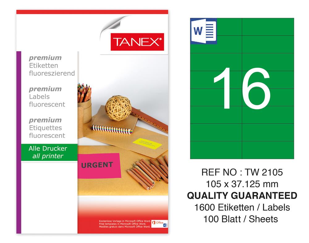 Tanex TW-2105 105x37,125 mm Yeşil Floresan Laser Etiket 100 Lü