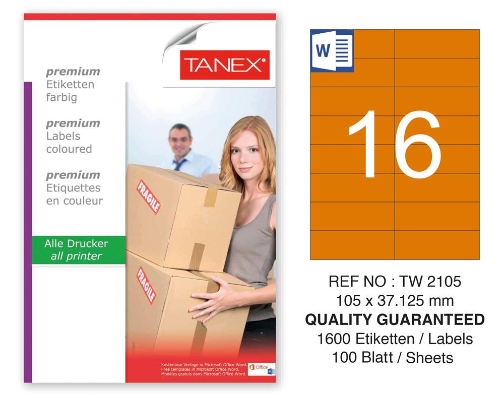 Tanex TW-2105 105x37,125mm Turuncu Pastel Laser Etiket 100 Lü
