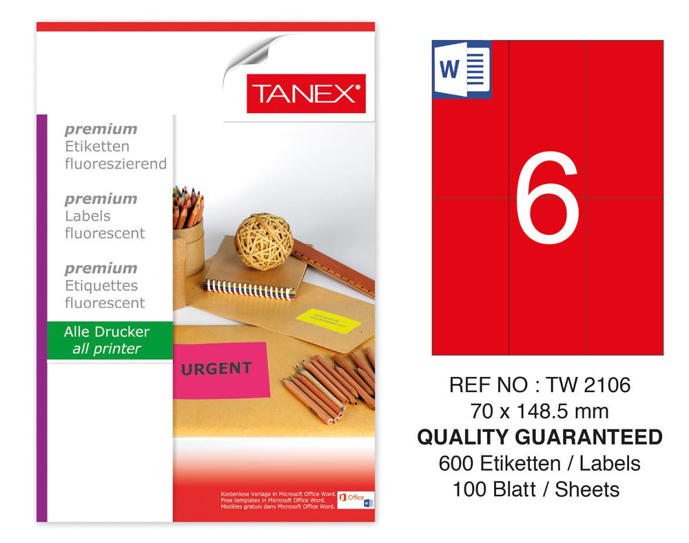 Tanex TW-2106 70x148,5 mm Kırmızı Floresan Laser Etiket 100 Lü