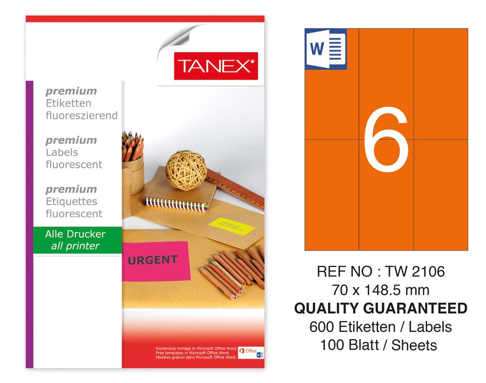 Tanex TW-2106 70x148,5 mm Turuncu Floresan Laser Etiket 100 Lü