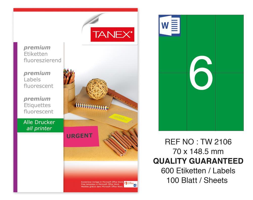Tanex TW-2106 70x148,5 mm Yeşil Floresan Laser Etiket 100 Lü