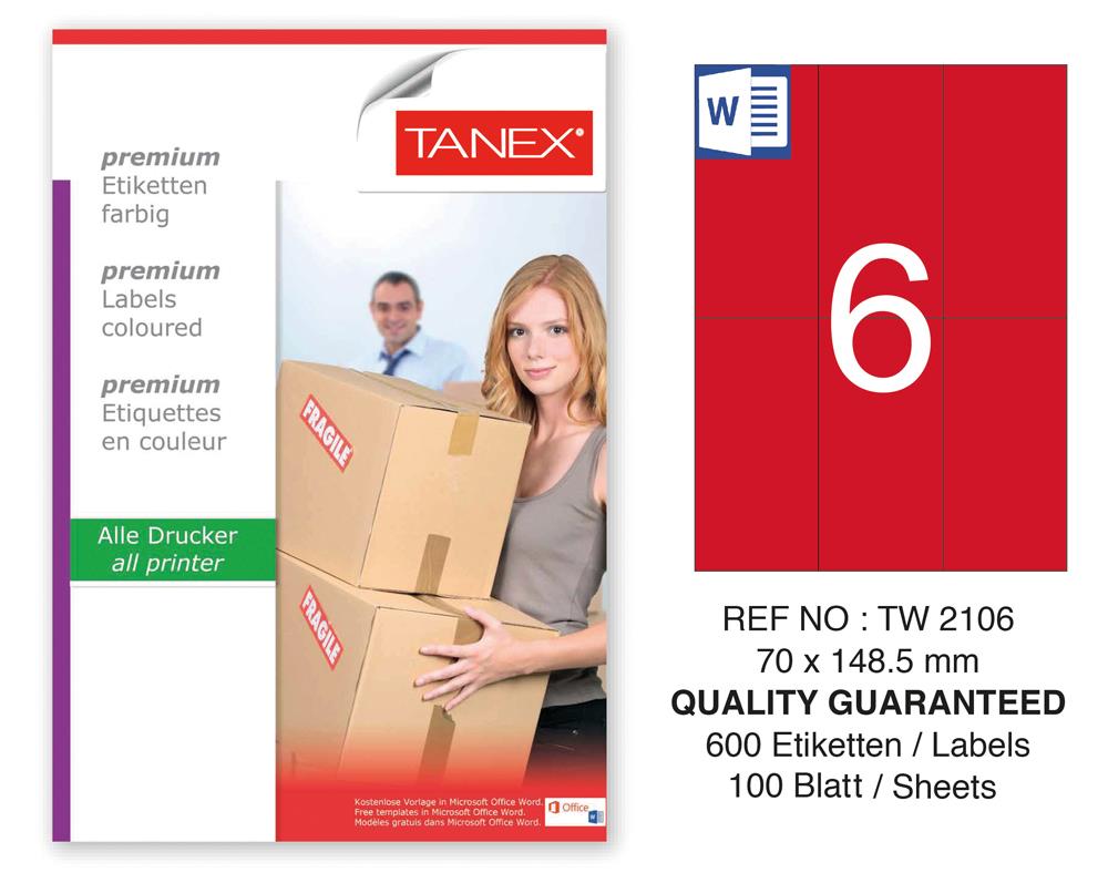 Tanex TW-2106 70x148,5mm Kırmızı Pastel Laser Etiket 100 Lü