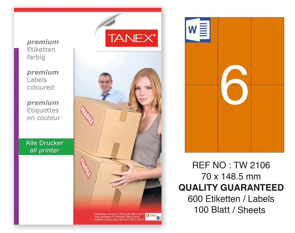 Tanex TW-2106 70x148,5mm Turuncu Pastel Laser Etiket 100 Lü