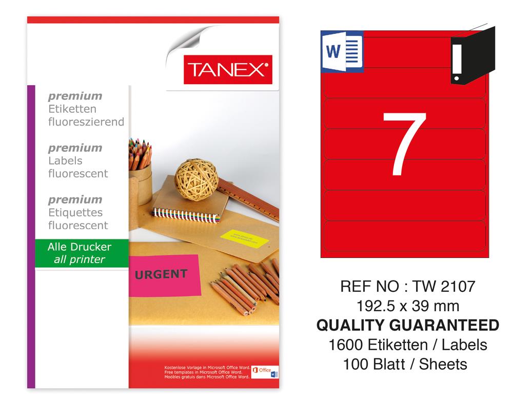 Tanex TW-2107 192,5x39 mm Kırmızı Floresan Laser Etiket 100 Lü