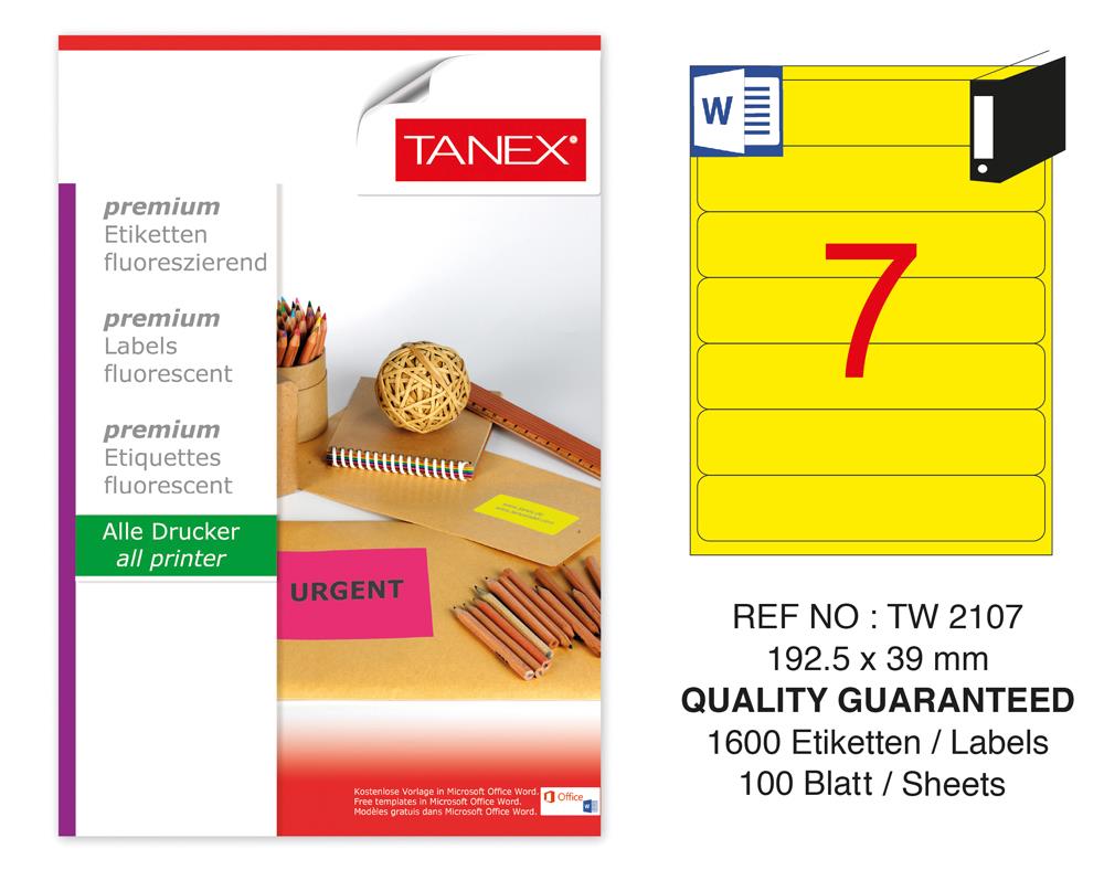 Tanex TW-2107 192,5x39 mm Sarı Floresan Laser Etiket 100 Lü
