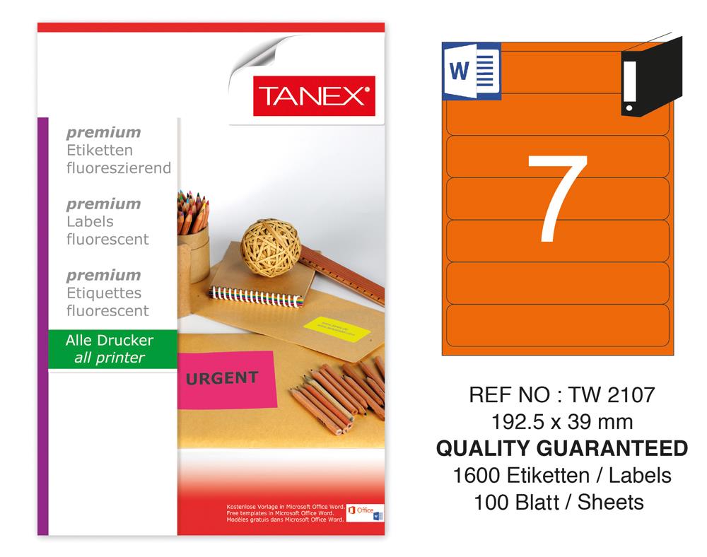 Tanex TW-2107 192,5x39 mm Turuncu Floresan Laser Etiket 100 Lü