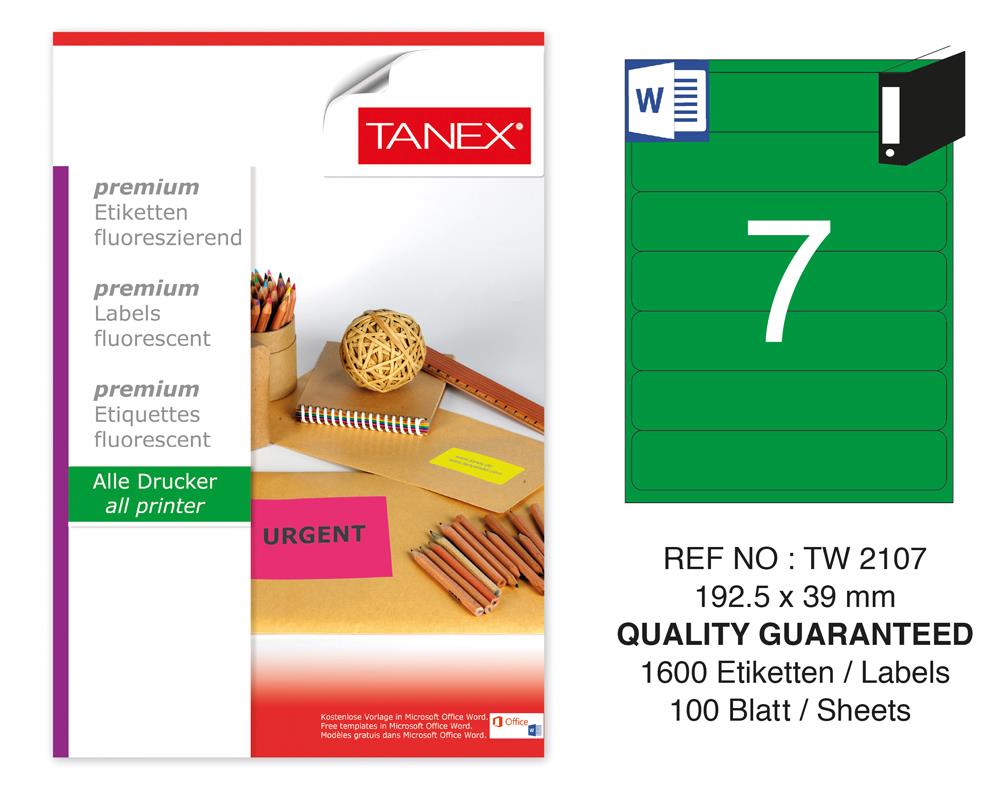 Tanex TW-2107 192,5x39 mm Yeşil Floresan Laser Etiket 100 Lü