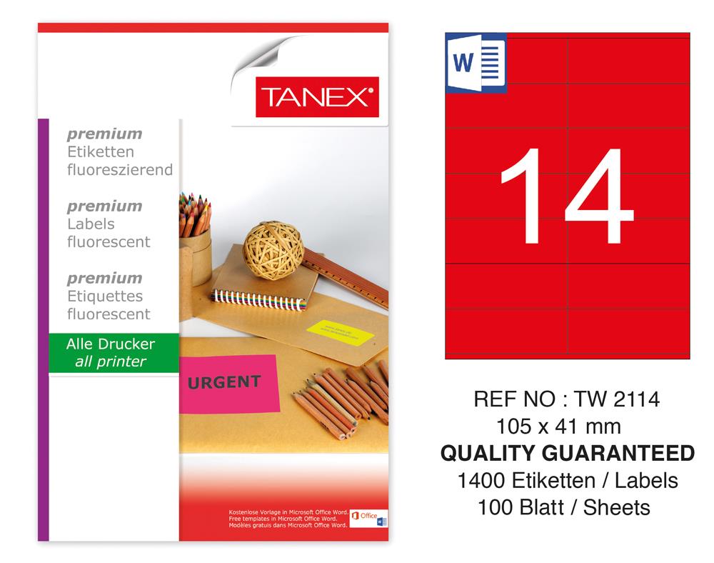 Tanex TW-2114 105x41 mm Kırmızı Floresan Laser Etiket 100 Lü