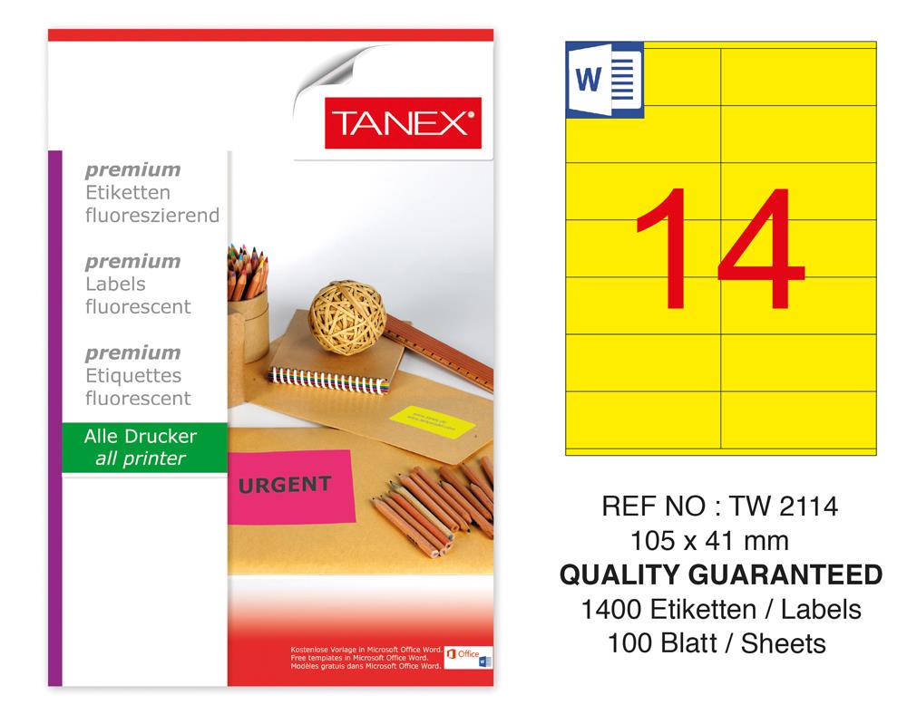 Tanex TW-2114 105x41 mm Sarı Floresan Laser Etiket 100 Lü