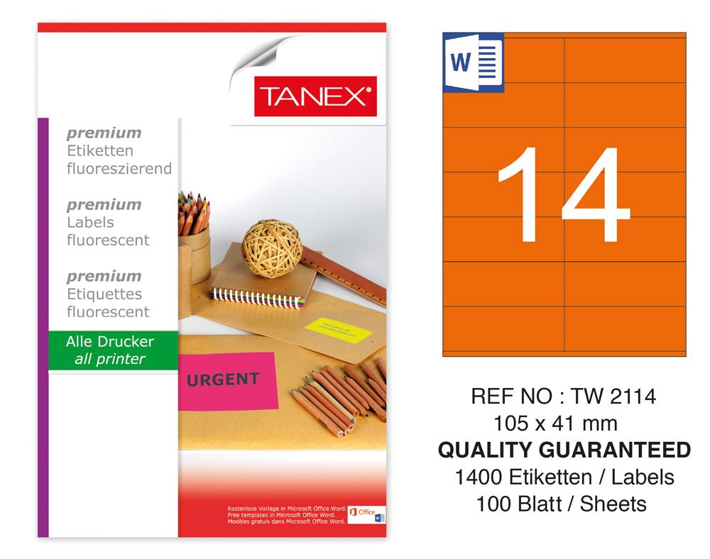 Tanex TW-2114 105x41 mm Turuncu Floresan Laser Etiket 100 Lü