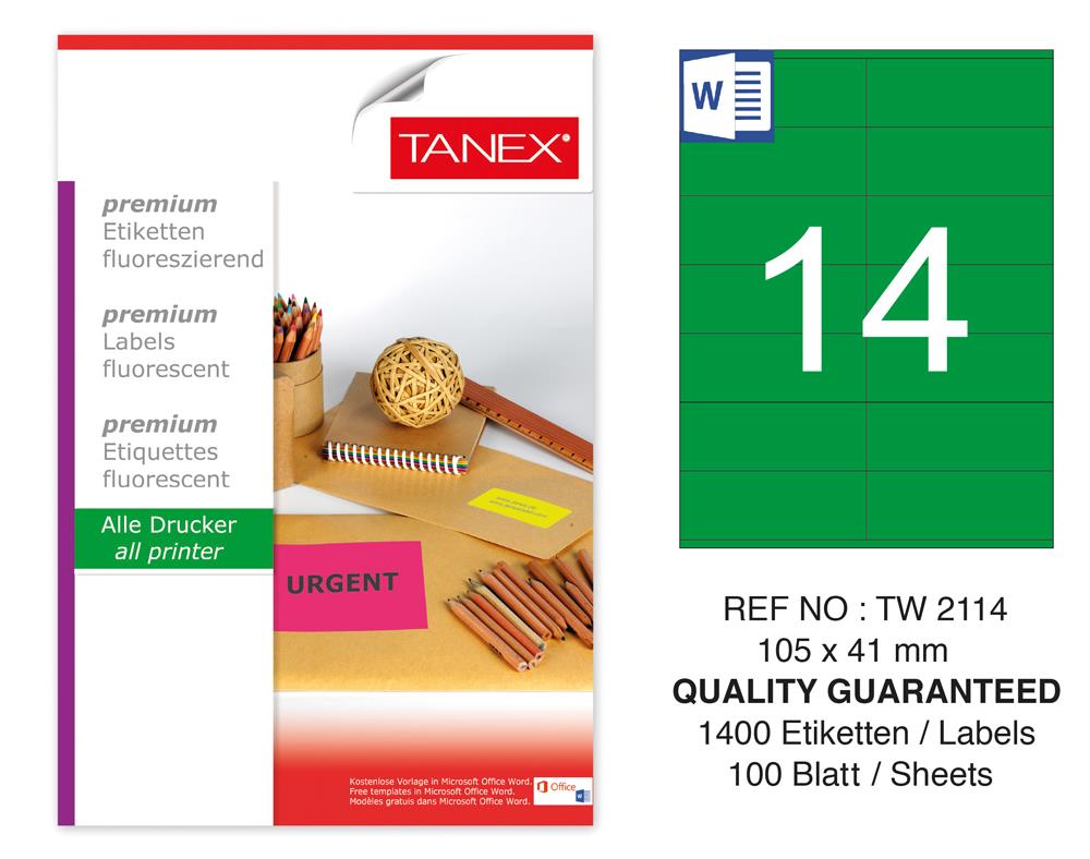 Tanex TW-2114 105x41 mm Yeşil Floresan Laser Etiket 100 Lü