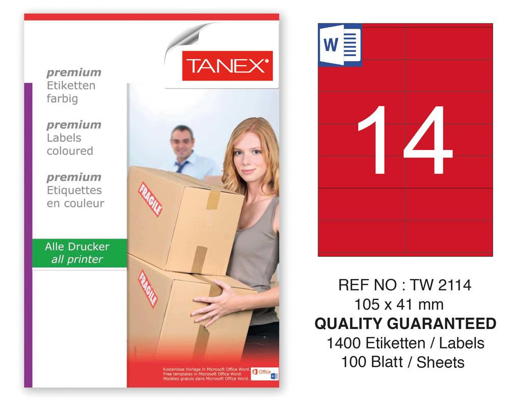 Tanex TW-2114 105x41mm Kırmızı Pastel Laser Etiket 100 Lü
