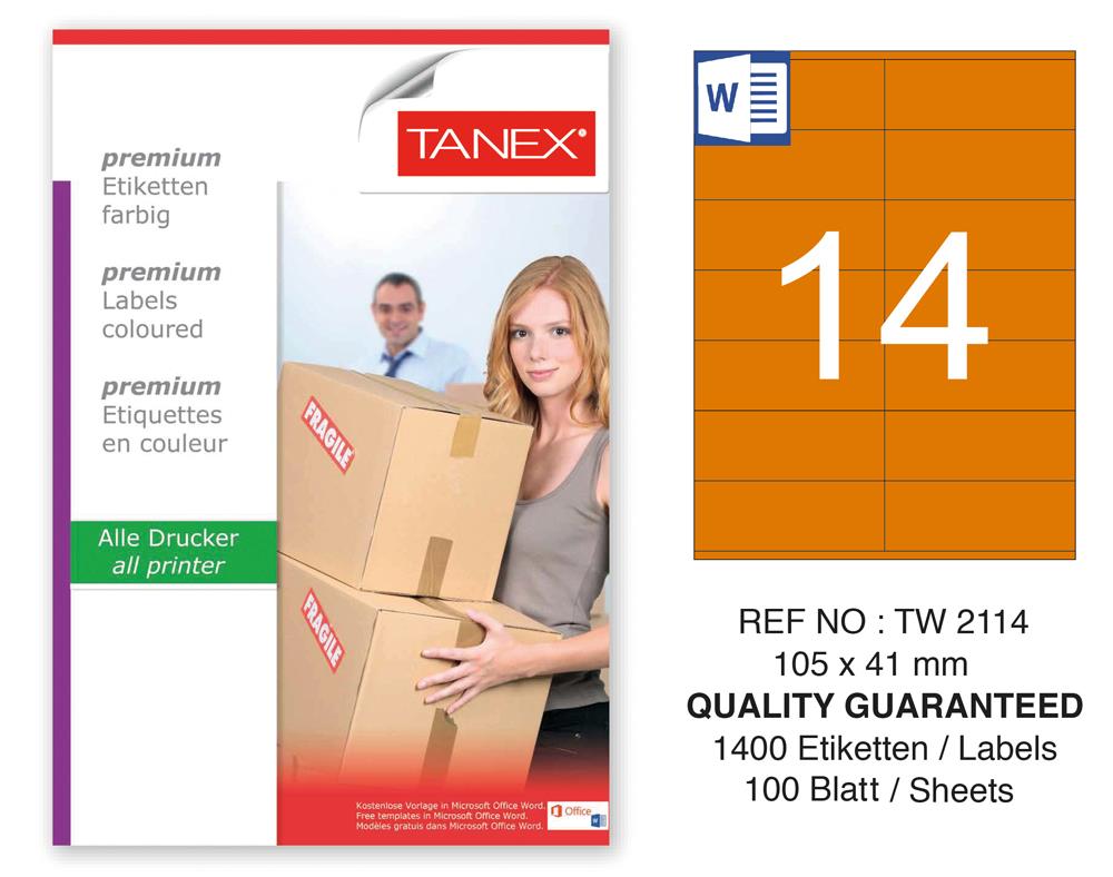 Tanex TW-2114 105x41mm Turuncu Pastel Laser Etiket 100 Lü