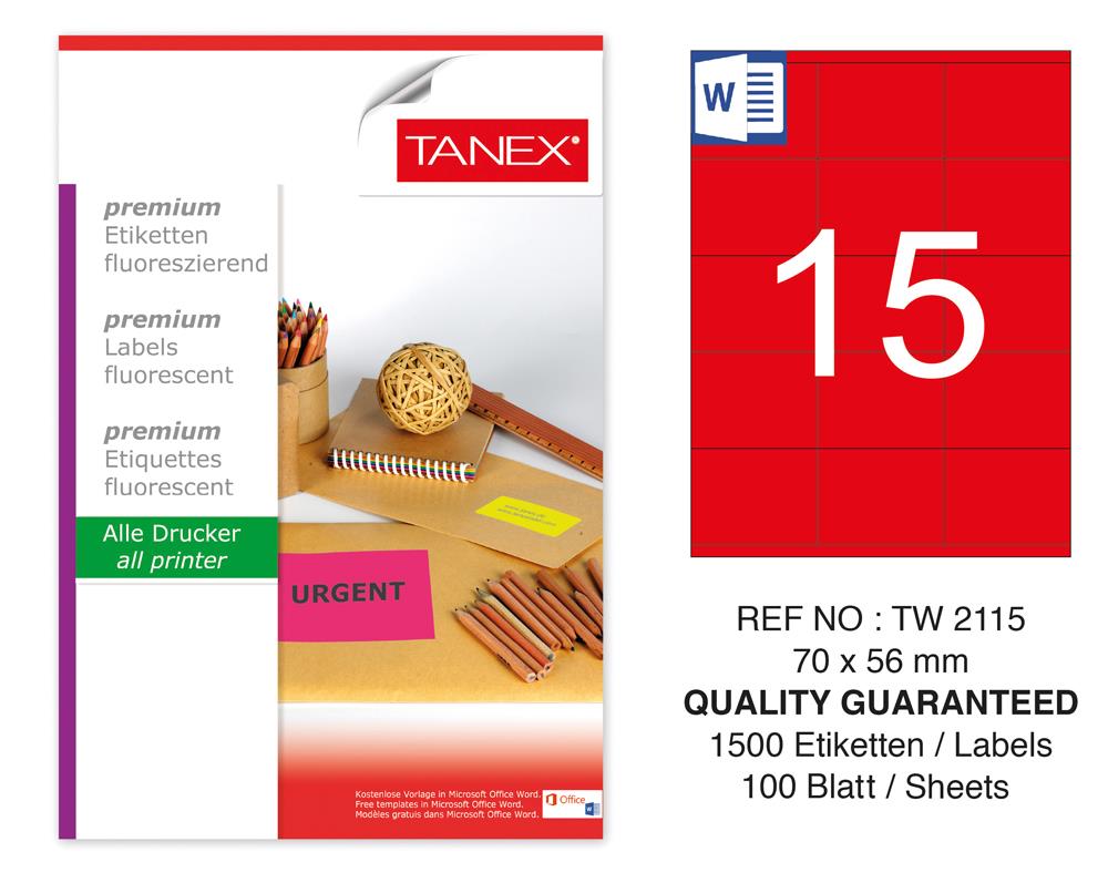 Tanex TW-2115 70x56 mm Kırmızı Floresan Laser Etiket 100 Lü