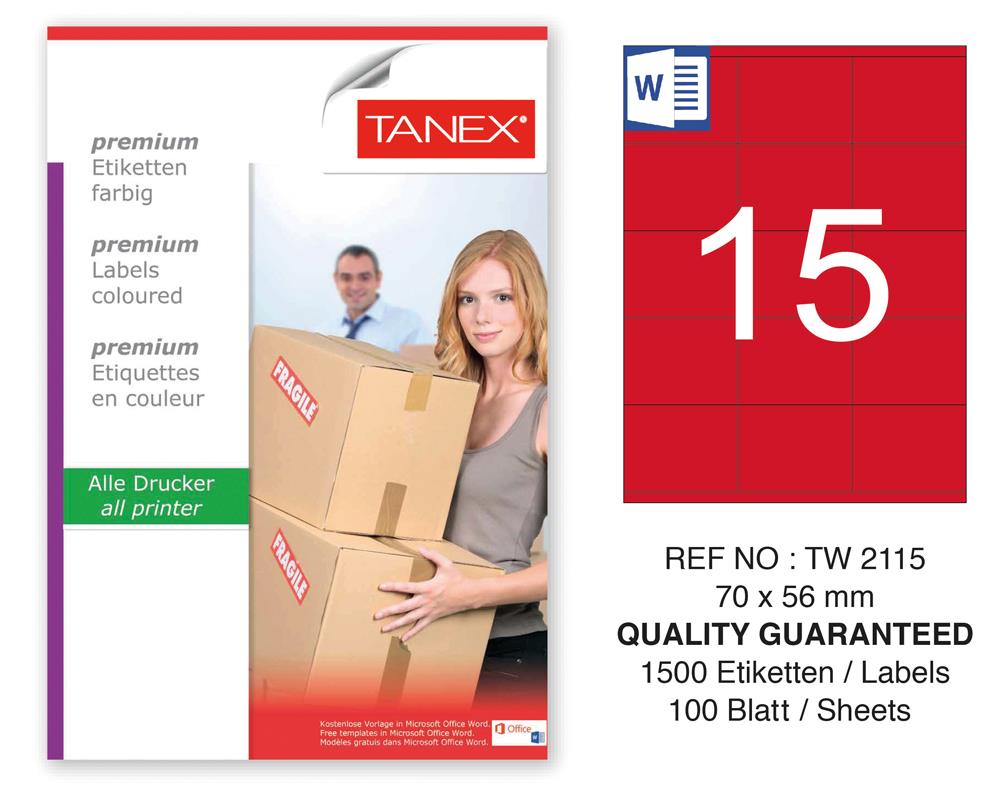 Tanex TW-2115 70x56mm Kırmızı Pastel Laser Etiket 100 Lü