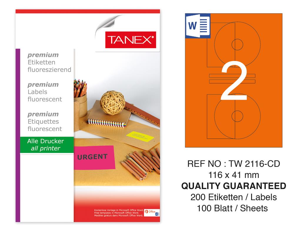 Tanex Tw-2116 116x41 mm Turuncu Floresan Laser Etiket 100 Lü