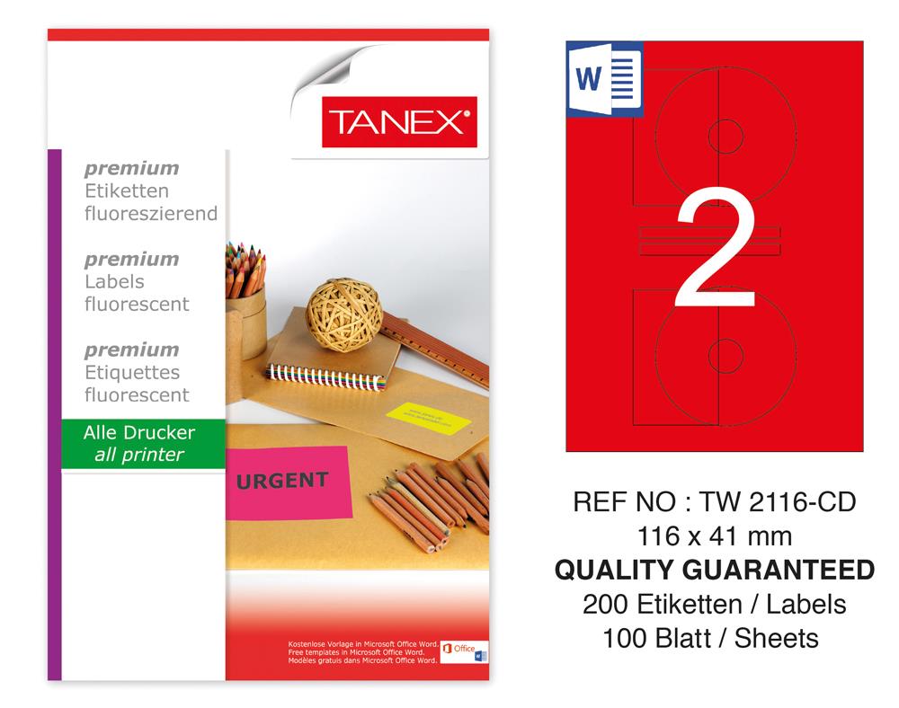 Tanex TW-2116 116x41 mm Kırmızı Floresan Laser Etiket 100 Lü