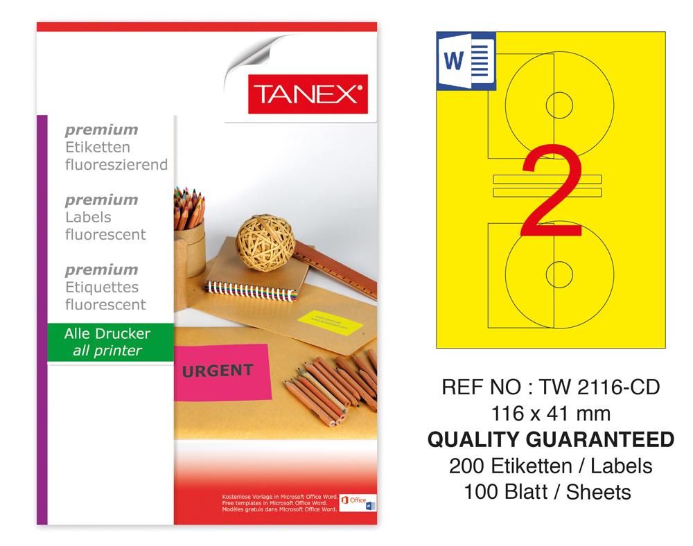 Tanex TW-2116 116x41 mm Sarı Floresan Laser Etiket 100 Lü