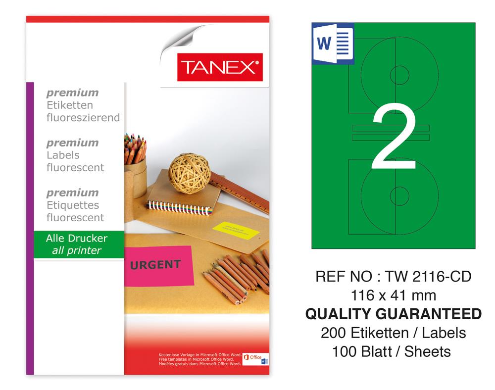 Tanex TW-2116 116x41 mm Yeşil Floresan Laser Etiket 100 Lü