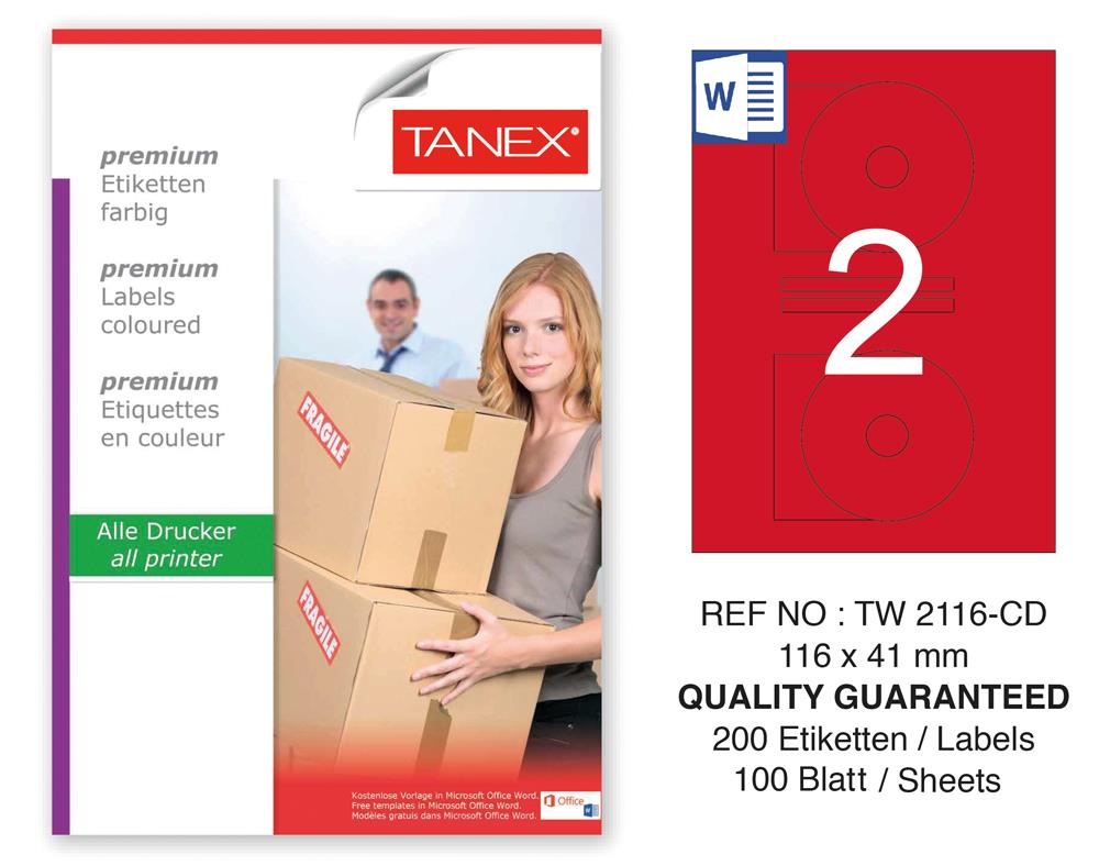 Tanex TW-2116 116x41mm Kırmızı Pastel Laser Etiket 100 Lü