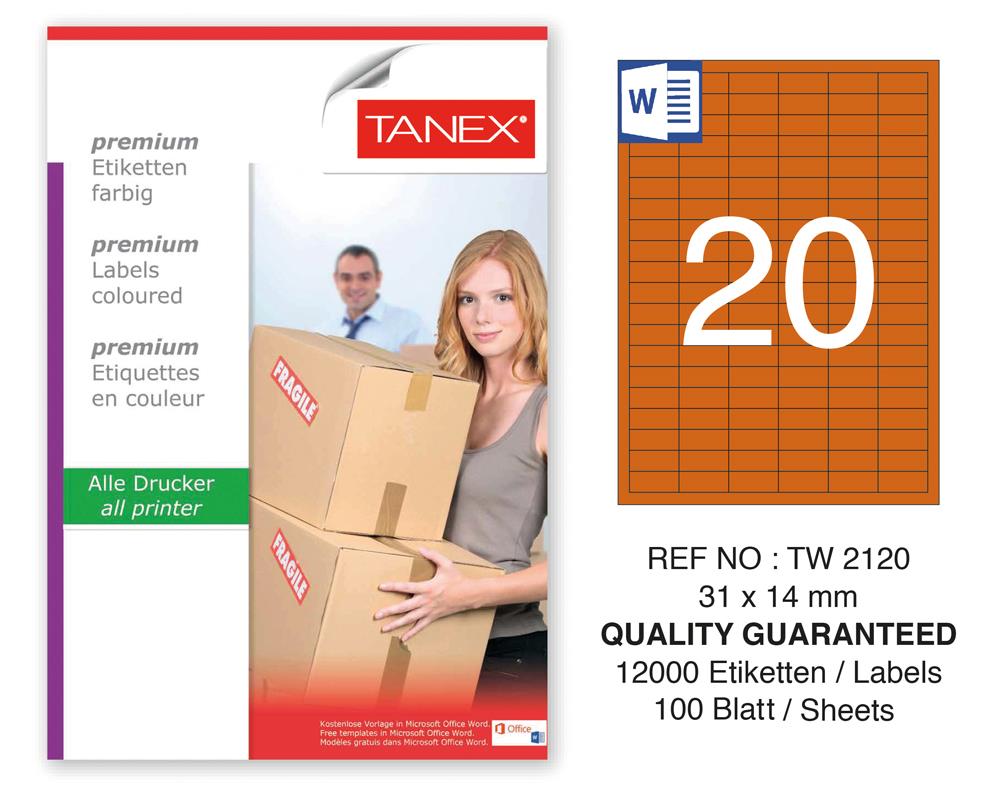 Tanex TW-2120 31x14mm Turuncu Pastel Laser Etiket 100 Lü
