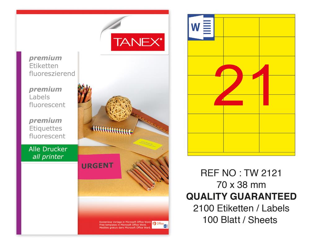 Tanex TW-2121 70x38 mm Sarı Floresan Laser Etiket 100 Lü