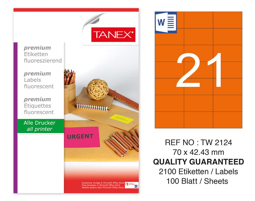 Tanex Tw-2124 70x42,43 mm Turuncu Floresan Laser Etiket 100 Lü