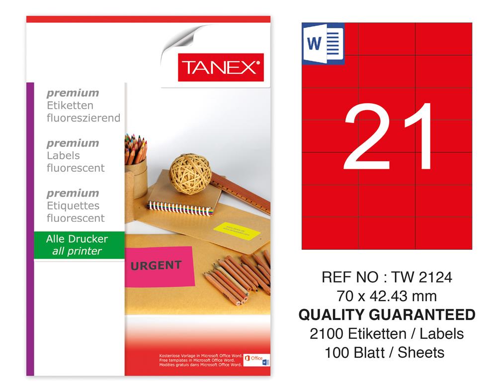 Tanex TW-2124 70x42,43 mm Kırmızı Floresan Laser Etiket 100 Lü