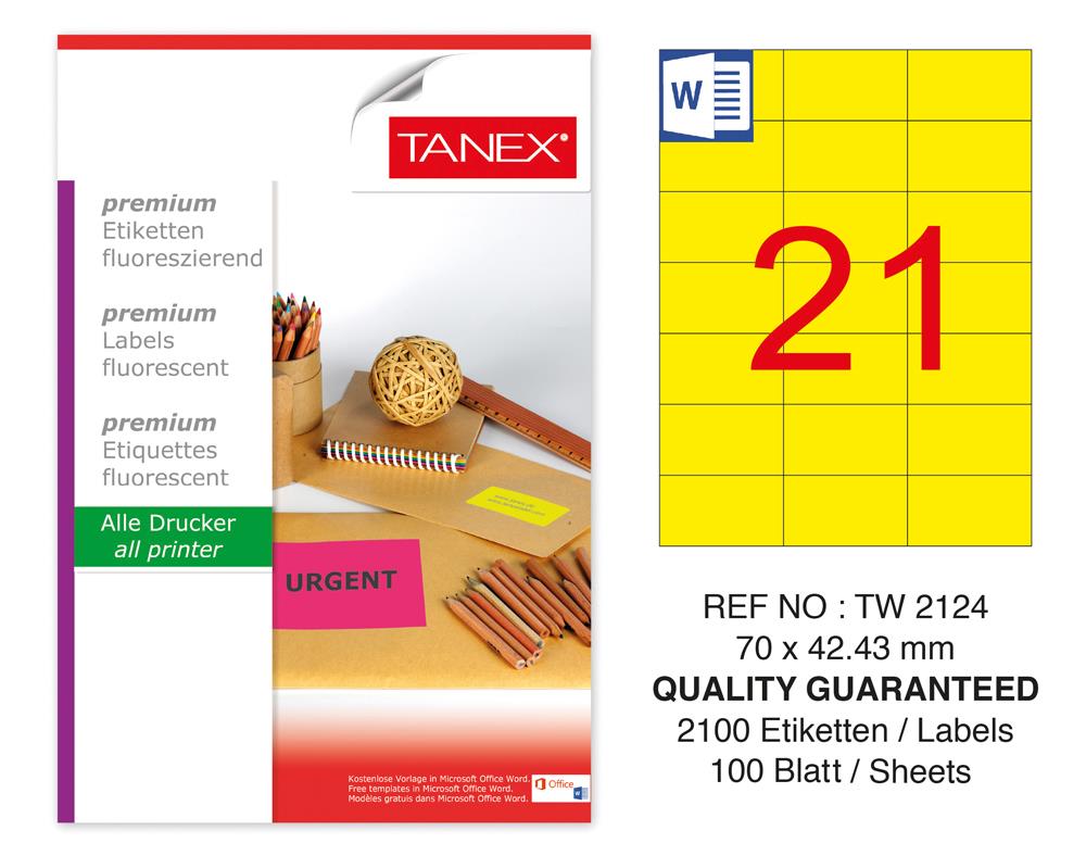 Tanex TW-2124 70x42,43 mm Sarı Floresan Laser Etiket 100 Lü