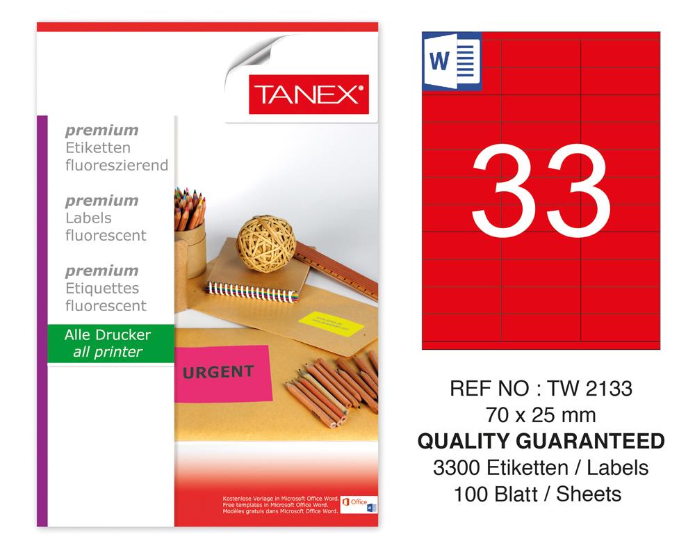 Tanex TW-2133 70x25 mm Kırmızı Floresan Laser Etiket 100 Lü