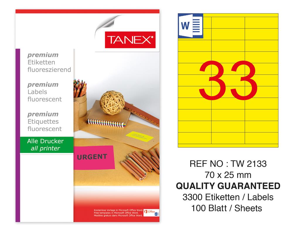 Tanex TW-2133 70x25 mm Sarı Floresan Laser Etiket 100 Lü