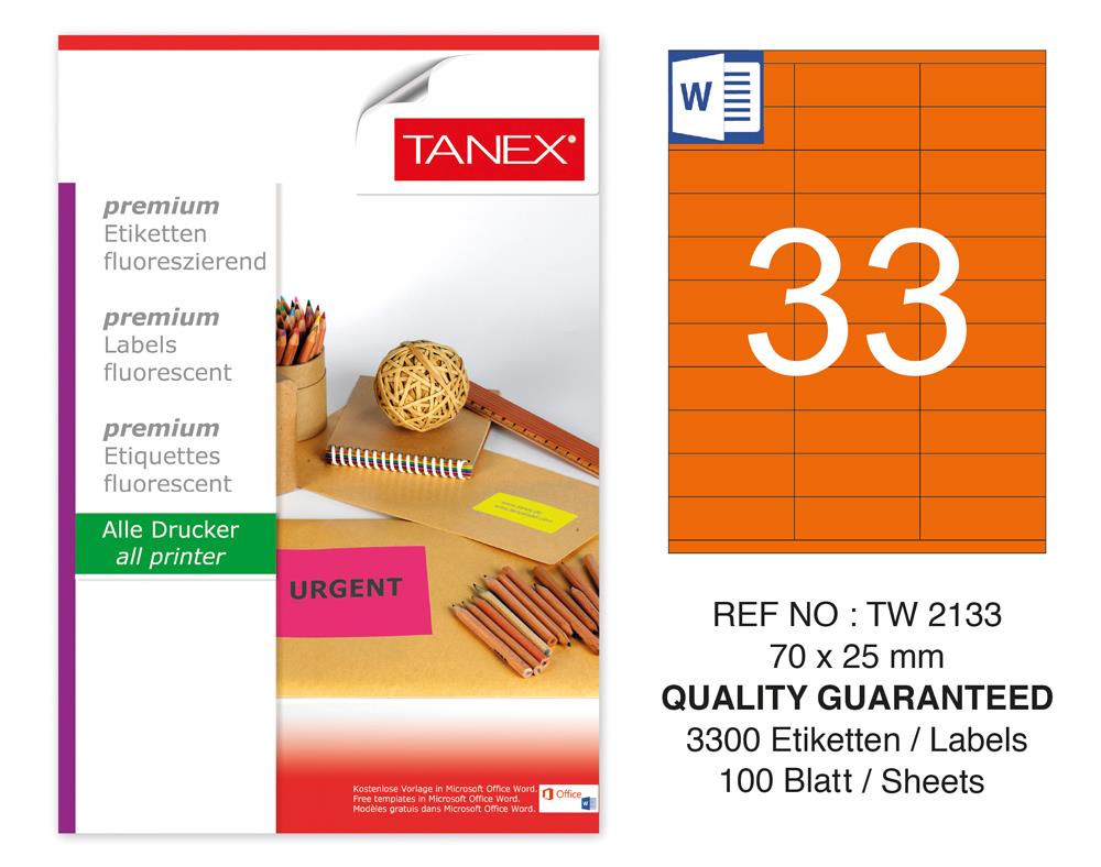 Tanex Tw-2133 70x25 mm Turuncu Floresan Laser Etiket 100 Lü