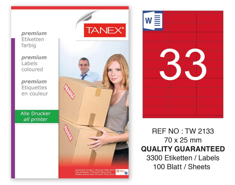 Tanex TW-2133 70x25mm Kırmızı Pastel Laser Etiket 100 Lü