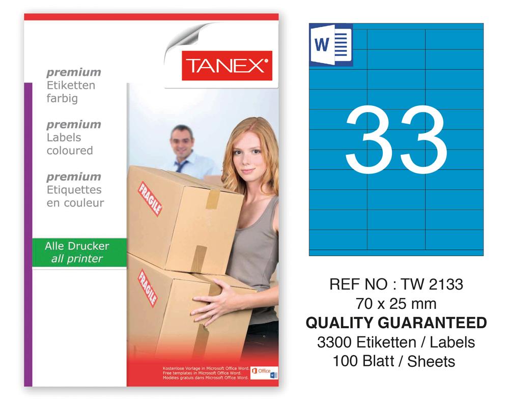 Tanex TW-2133 70x25mm Mavi Pastel Laser Etiket 100 Lü