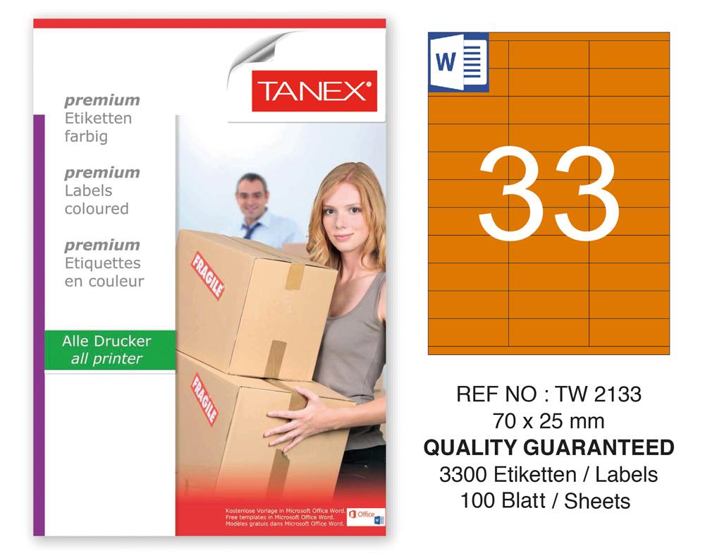 Tanex TW-2133 70x25mm Turuncu Pastel Laser Etiket 100 Lü