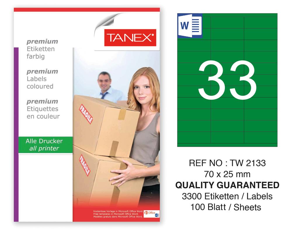 Tanex TW-2133 70x25mm Yeşil Pastel Laser Etiket 100 Lü