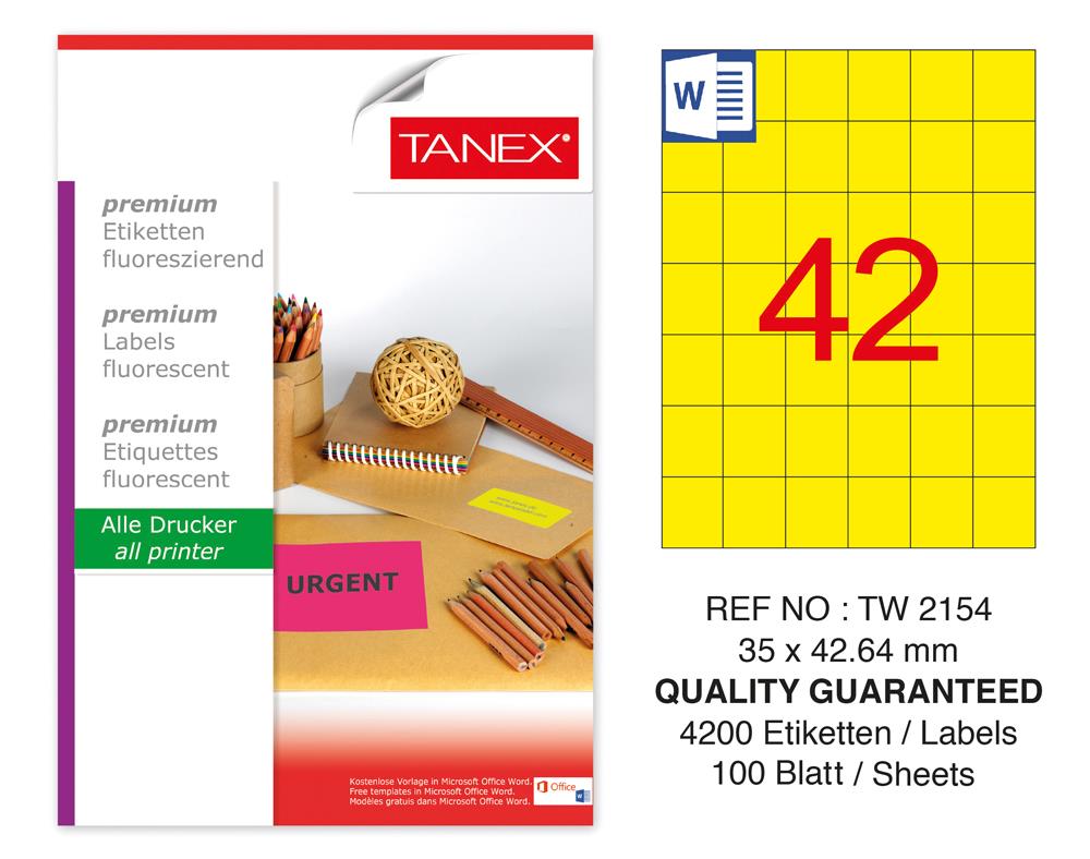 Tanex TW-2154 35x42,43mm Sarı Floresan Laser Etiket 100 Lü