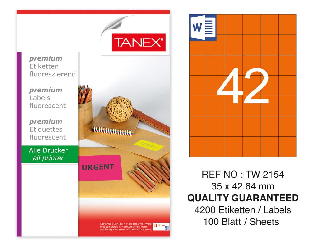 Tanex Tw-2154 35x42,43mm Turuncu Floresan Laser Etiket 100 Lü