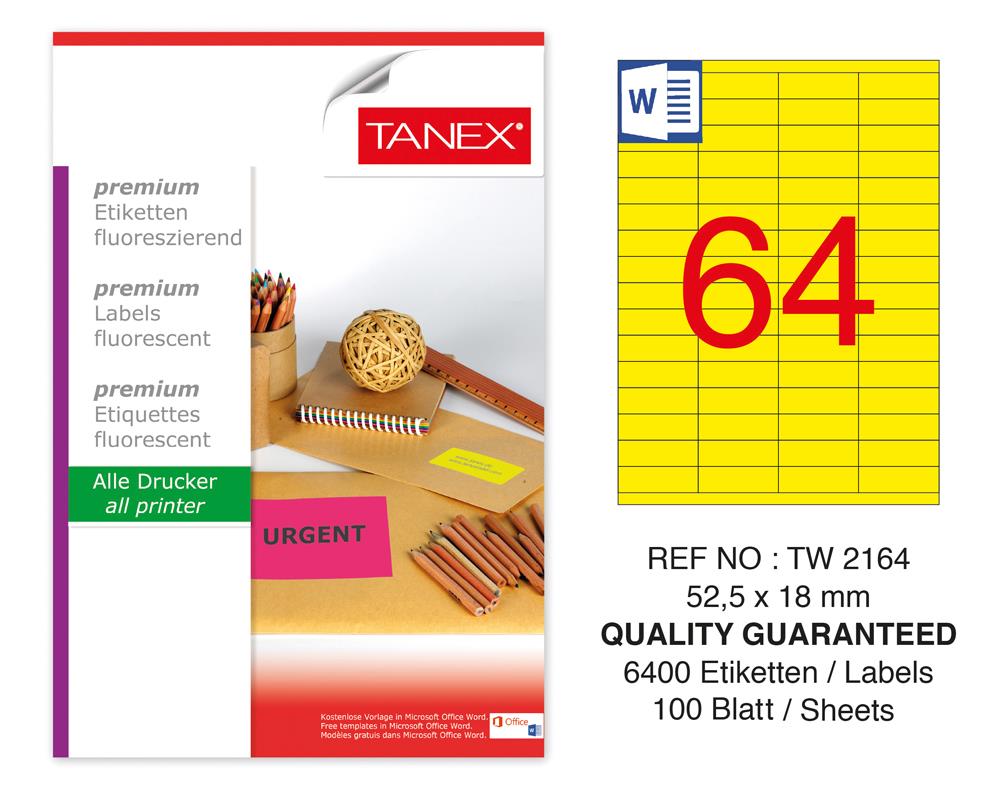 Tanex TW-2164 52,5x18mm Sarı Floresan Laser Etiket 100 Lü