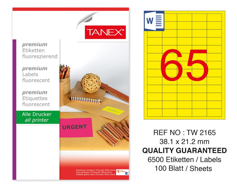 Tanex TW-2165 38,1x21,2mm Sarı Floresan Laser Etiket 100 Lü
