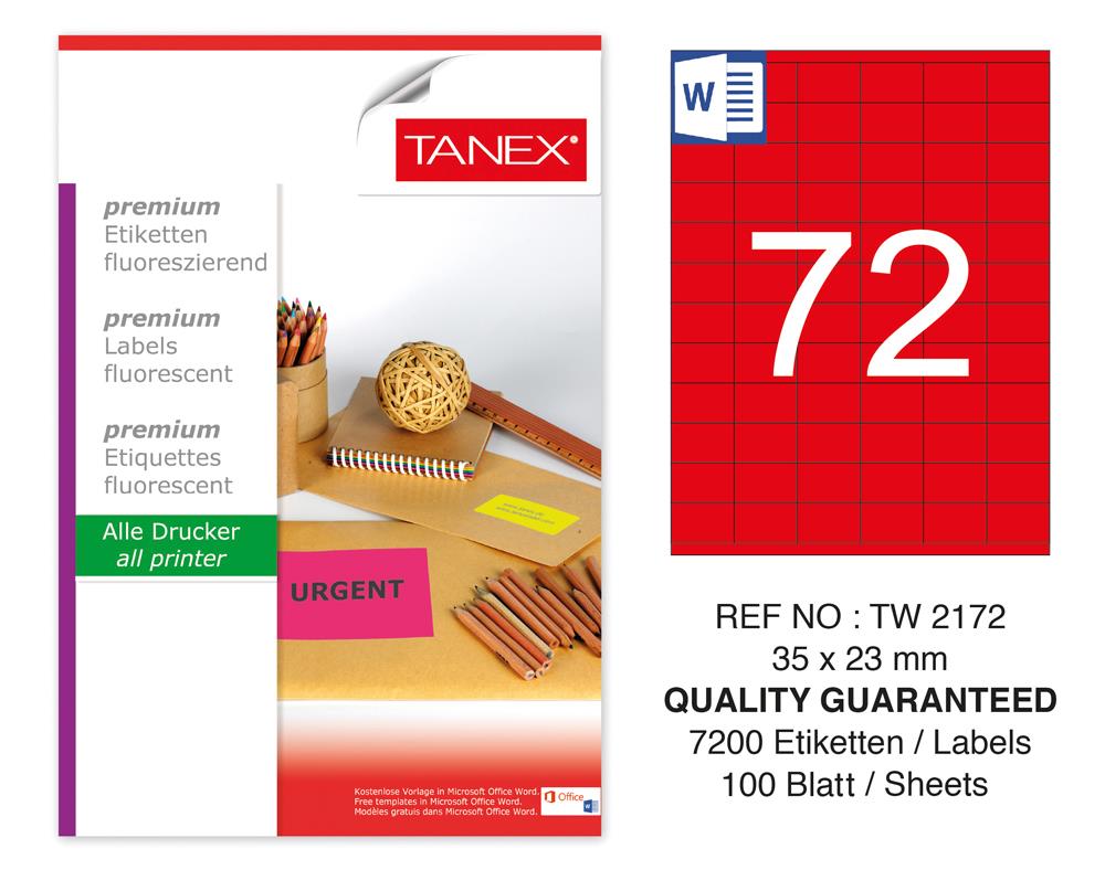 Tanex TW-2172 35x23mm Kırmızı Floresan Laser Etiket 100 Lü