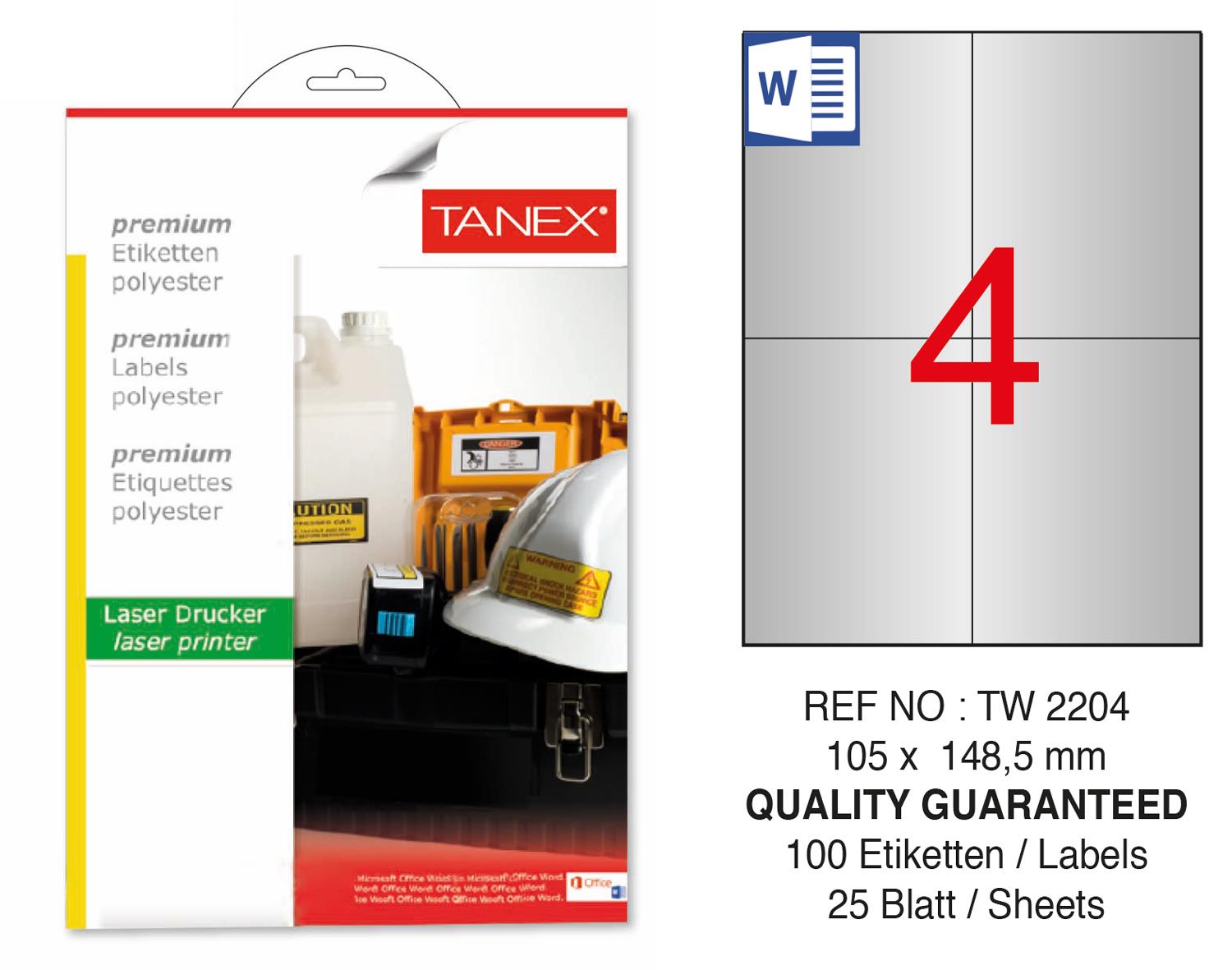 Tanex TW-2204 105x148.5mm Gümüş Lazer Etiket 100 Lü