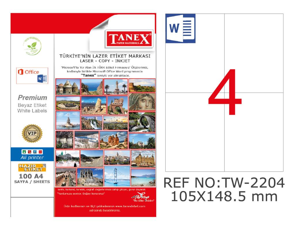Tanex TW-2204 105x148.5mm Kuşe Laser Etiket 100 Lü Paket